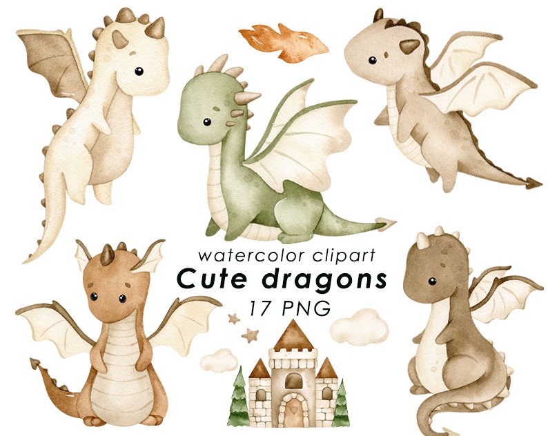 May include: A set of five watercolor illustrations of cute dragons in various poses. The dragons are brown, green, and beige with wings and tails. The illustrations are perfect for adding a whimsical touch to any project.