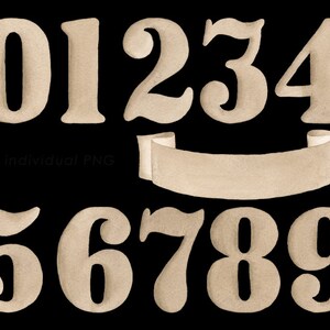 K&ouml;nnte beinhalten: Zehn einzelne beige Zahlen von 0 bis 9 mit einem leicht l&auml;chelnden beigefarbenen Banner. Die Zahlen sind in einer Vintage-Schriftart.