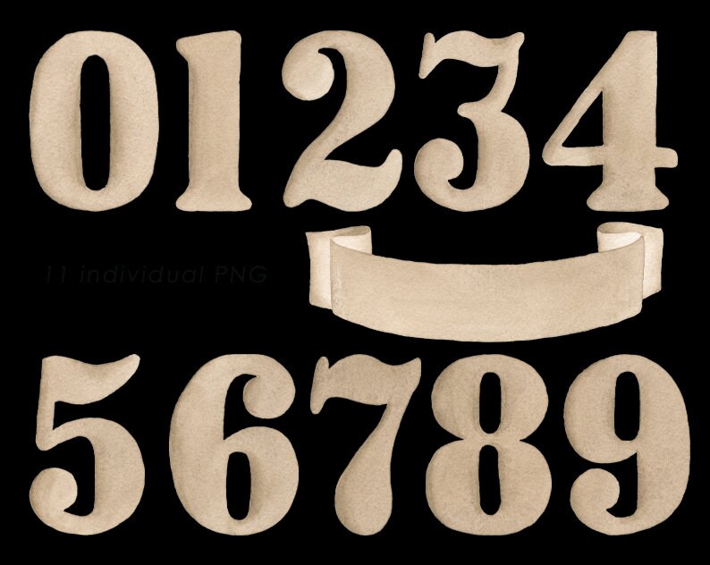 K&ouml;nnte beinhalten: Zehn einzelne beige Zahlen von 0 bis 9 mit einem leicht l&auml;chelnden beigefarbenen Banner. Die Zahlen sind in einer Vintage-Schriftart.