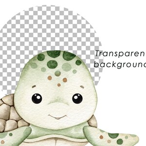 K&ouml;nnte beinhalten: Aquarell-Illustration einer niedlichen Schildkr&ouml;te mit transparentem Hintergrund. Die Schildkr&ouml;te hat einen hellgr&uuml;nen Kopf mit dunkelgr&uuml;nen Flecken und einem l&auml;chelnden Gesicht. Der Text "Transparent background" ist zu sehen.