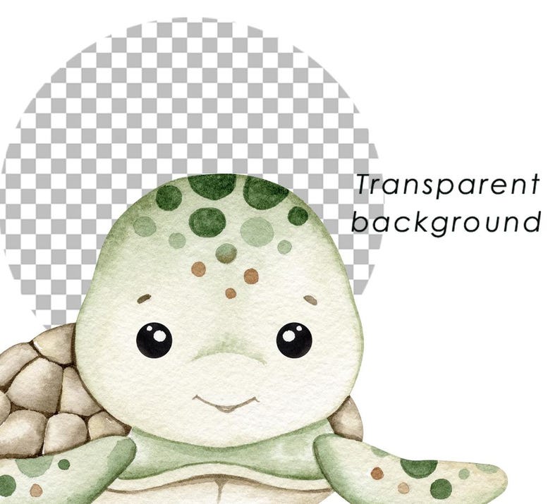 K&ouml;nnte beinhalten: Aquarell-Illustration einer niedlichen Schildkr&ouml;te mit transparentem Hintergrund. Die Schildkr&ouml;te hat einen hellgr&uuml;nen Kopf mit dunkelgr&uuml;nen Flecken und einem l&auml;chelnden Gesicht. Der Text "Transparent background" ist zu sehen.