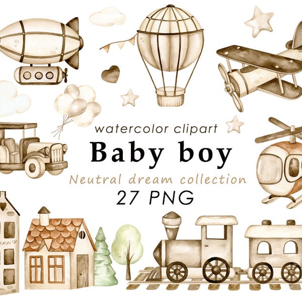 Transport watercolor clipart, boys clip art, train, airplane, wooden toys png, nursery wall decor, baby shower