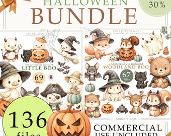 Watercolor Halloween Clipart Bundle, Spooky Animals, Silly Goose, Ghosts, Vampires, Pumpkins, Witch PNG