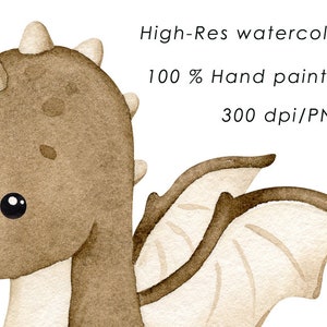 May include: A watercolor illustration of a brown dragon with a light brown belly and wings. The dragon has large, round eyes and a friendly expression. The text "High-Res watercolors 100% Hand painted 300 dpi/PNG" is written in black text below the dragon.