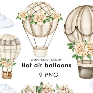 Könnte beinhalten: Aquarell-Clipart-Set mit drei beigen Heißluftballons, die mit cremefarbenen Rosen und grünen Blättern verziert sind, begleitet von hellblauen Wolken und einzelnen Rosensträußen, mit dem Text watercolor clipart Hot air balloons 9 PNG.