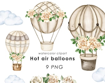 Hot air balloons watercolor clipart, nursery decor, neutral hot air ballon png, baby wall art