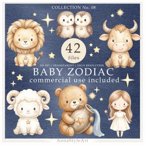 Może przedstawiać: Cyfrowa kolekcja 42 ilustracji dziecięcych znaków zodiaku przedstawiająca lwa, dwie sowy, byka, barana, niedźwiedzia z dzbanem wody oraz dziewczynkę z różdżką. Tekst zawiera COLLECTION No. 08, 42 files, 300 DPI, TRANSPARENT, HIGH RESOLUTION, BABY ZODIAC, commercial use included oraz AnnaStyleArt.