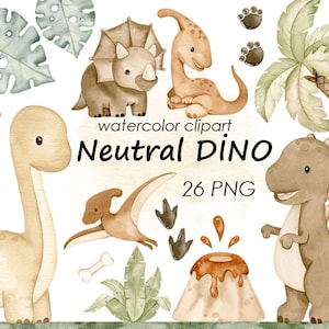 Clipart de dinossauros em aquarela, clipart neutro para bebês, decoração de berçário dino, download digital