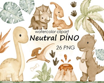 Clipart de dinosaures aquarelle, clipart bébé garçon neutre, décor de pépinière dino, téléchargement numérique