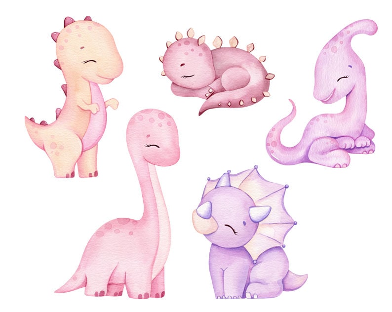 Puede incluir: Cinco ilustraciones de acuarela de lindos dinosaurios de dibujos animados en rosa, morado y amarillo. Los dinosaurios est&aacute;n en varias poses, incluyendo dormir, estar de pie y sentarse.