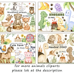 May include: Four watercolor illustrations of different animal themes. The first image shows woodland animals, the second shows dinosaurs, the third shows farm animals, and the fourth shows neutral colored dinosaurs. Each image includes the text "watercolor clipart" and the name of the theme. The number of PNG files included in each set is also listed.