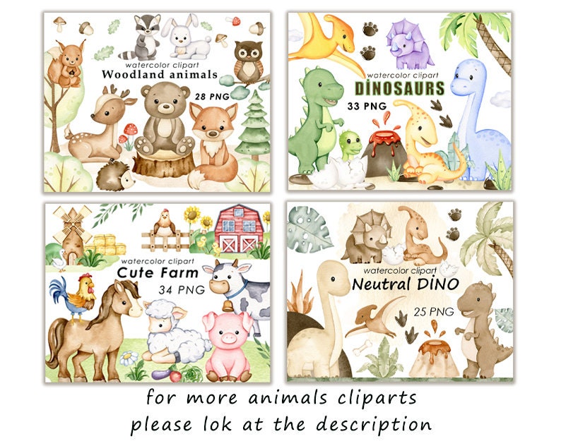 May include: Four watercolor illustrations of different animal themes. The first image shows woodland animals, the second shows dinosaurs, the third shows farm animals, and the fourth shows neutral colored dinosaurs. Each image includes the text "watercolor clipart" and the name of the theme. The number of PNG files included in each set is also listed.
