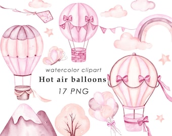 Watercolor hot air balloons clipart, baby girl wall decor, pink hot air ballon PNG, it&#39;s a girl clip art