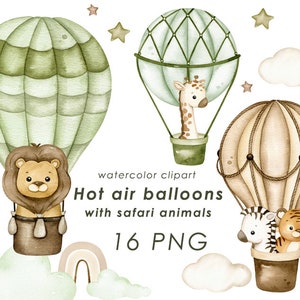 Clipart acquerello di animali da safari, clipart di mongolfiere, decorazioni per la cameretta dei bambini, decorazioni murali per neonati, baby shower