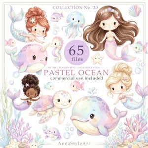 Puede incluir: Una colección digital de 65 ilustraciones con temática de océano en tonos pastel que incluye sirenas, un narval, una ballena, una tortuga marina, una medusa, un caballito de mar, un cangrejo, peces, coral y conchas con el texto Collection No. 20 Pastel Ocean.