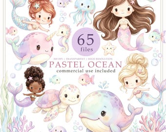 Pastel Mermaid Clipart Bundle, Under the Sea png, Baby Ocean Animals, Nursery decor, Commercial use