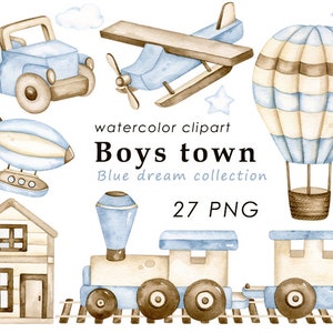 Baby boy watercolor clipart, wooden toys png, transport clip art, nursery decor, baby shower, wall art