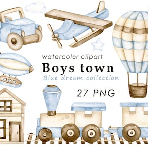 Baby Junge Aquarell Clipart, Holzspielzeug png, Transport Clip Art, Kinderzimmer Deko, Baby Shower, Wandkunst