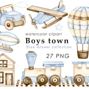 Baby boy watercolor clipart, wooden toys png, transport clip art, nursery decor, baby shower, wall art