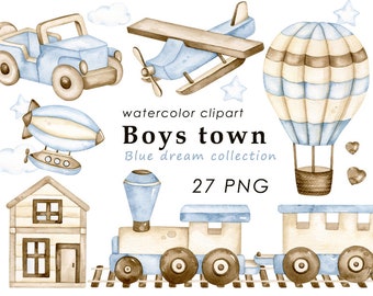 Clipart de acuarela de bebé, juguetes de madera png, clip art de transporte, decoración de guardería, baby shower, arte de pared