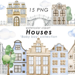 Houses watercolor clipart, buildings clip art, homes PNG, nursery decor, baby boy