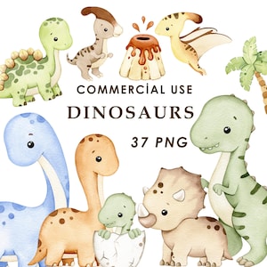 Dinosaurs watercolor clipart, dino clip art, dinosaur nursery decor, trex PNG, COMMERCİAL USE