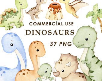 Dinosaurs watercolor clipart, dino clip art, dinosaur nursery decor, trex PNG, COMMERCİAL USE