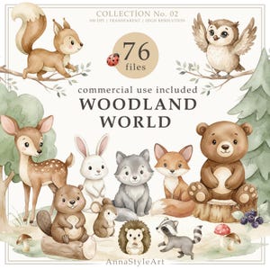 May include: A digital collection of 76 woodland animal illustrations including a squirrel, owl, deer, rabbit, wolf, fox, bear, beaver, mouse, hedgehog, and raccoon. The set features watercolour-style graphics with text reading Woodland World.