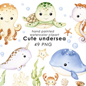 Clipart acquerello sottomarino, arredamento vivaio, baby wall art, polpo, medusa, balena, simpatici animali dell'oceano png, baby shower