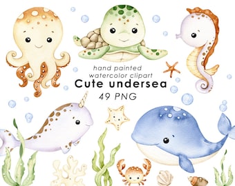 Undersea watercolor clipart, nursery decor, baby wall art, octopus, jellyfish, whale, cute ocean animals png, baby shower