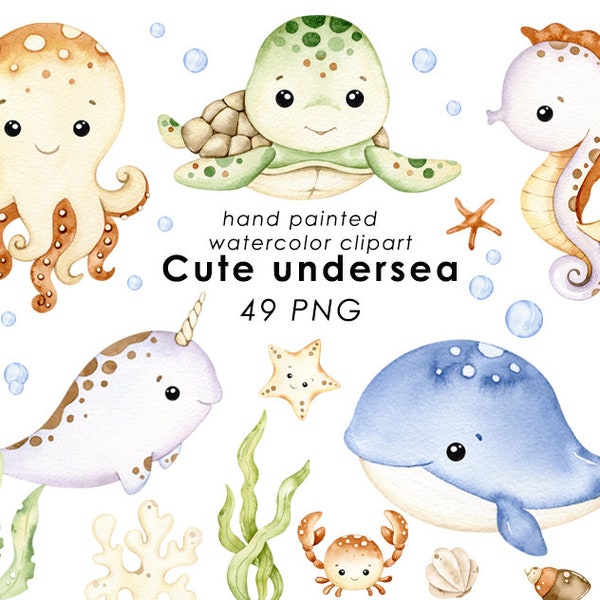 Onderzeese aquarel clipart, kinderdagverblijf decor, baby kunst aan de muur, octopus, kwallen, walvis, schattige oceaan dieren png, babydouche
