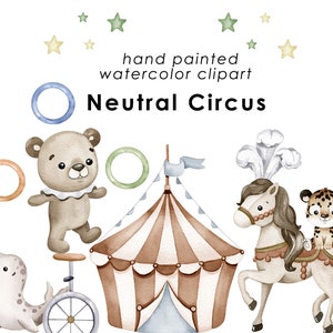 Circus aquarel clipart, kinderkamerinrichting, neutrale circusillustraties