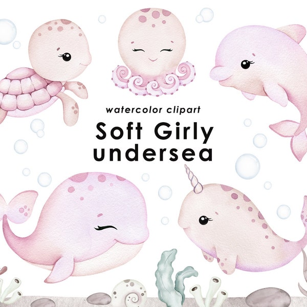 Undersea watercolor clipart, ocean animals clip art, cute under the sea animals, nursery decor, whale, jellyfish, turtle, octopus, baby girl