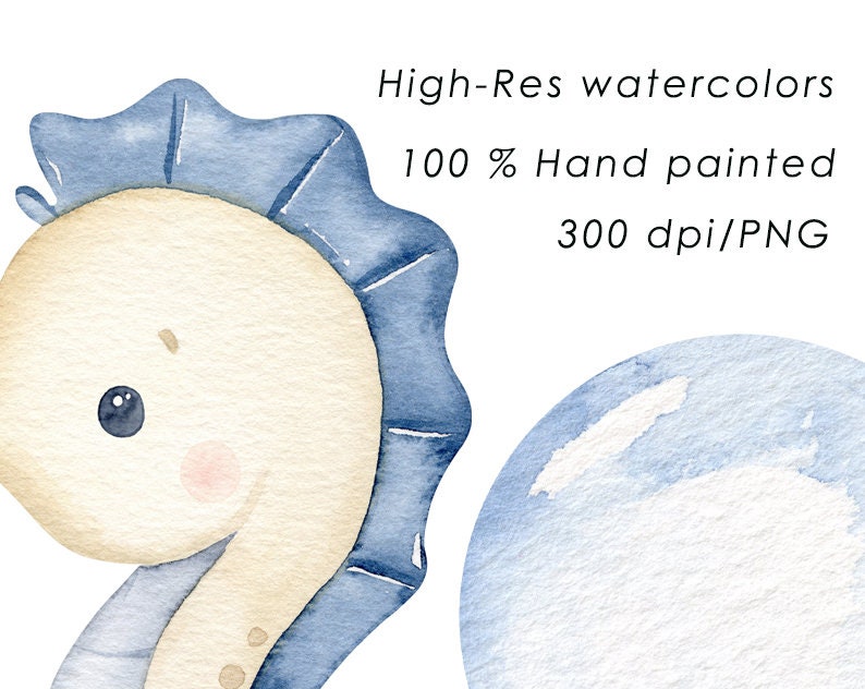 Puede incluir: Ilustraci&oacute;n de acuarela de un caballito de mar azul y blanco y un c&iacute;rculo azul y blanco. La imagen est&aacute; etiquetada como "High-Res watercolors 100% Hand painted 300 dpi/PNG".