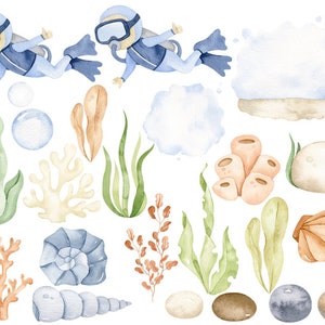 Clipart de acuarela submarina, decoración infantil, arte mural para bebés, pulpo, medusa, ballena, lindos animales marinos png, baby shower imagen 3