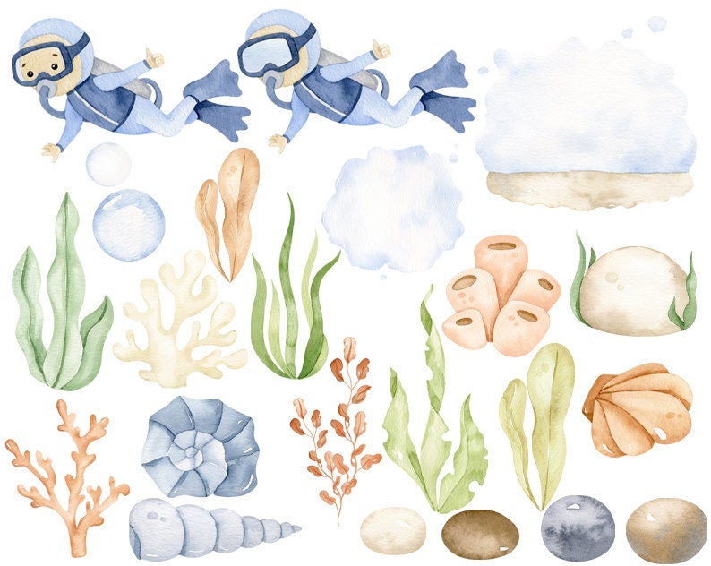 Clipart de acuarela submarina, decoración infantil, arte mural para bebés, pulpo, medusa, ballena, lindos animales marinos png, baby shower imagen 3