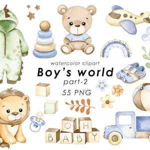 Clipart de aquarela de brinquedos para bebês, clipart de menino, chá de bebê, arte de parede de berçário