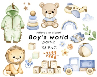 Clipart ad acquerello di giocattoli per bambini, clip art per ragazzo, baby shower, arte da parete per la scuola materna