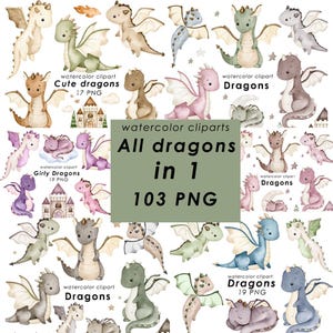 Op de afbeelding: Een verzameling aquarel clipart met verschillende schattige draken in verschillende kleuren, waaronder groen, roze en blauw. De afbeelding bevat de tekst "All dragons in 1, 103 PNG".