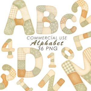 Puede incluir: Una colección digital de letras y números con diseño de patchwork en tonos verde salvia, crema y beige. Los caracteres muestran varios patrones incluyendo cuadros vichy, rayas y pequeños estampados florales. Texto: COMMERCIAL USE Alphabet 36 PNG.