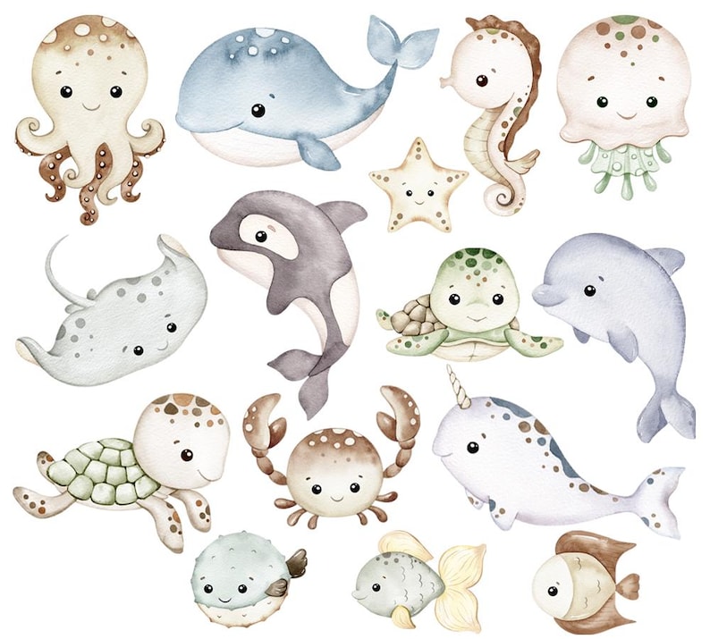 K&ouml;nnte beinhalten: Aquarellillustrationen verschiedener Meeresbewohner, darunter ein Oktopus, ein Wal, ein Seepferdchen, eine Qualle, ein Seestern, ein Stechrochen, ein Orca, eine Schildkr&ouml;te, ein Delfin, eine Krabbe, ein Kugelfisch, ein Fisch und ein Narwal. Sanfte Pastellfarben.