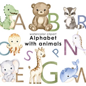 Dieren alfabet aquarel clipart, schattige ABC-illustraties, kinderkamerinrichting, kleurrijke letters, png