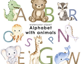 Animals alphabet watercolor clipart, cute ABC clip art, nursery decor, colorful letters png