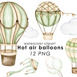 Hete lucht ballonnen aquarel clipart, kinderkamer decor, baby jongen illustraties, neutrale muur kunst