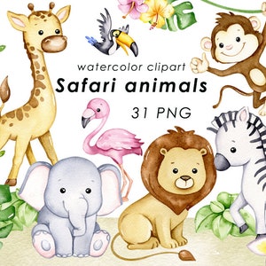 Clipart aquarela de animais safari, animais fofos da selva, chá de bebê, decoração de parede de berçário