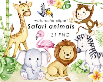 Safari animaux aquarelle clipart, animaux mignons de la jungle, baby shower, décoration murale de la crèche