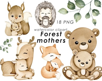 Forest animals watercolor clipart, woodland mother and baby, baby shower, nursery decor, mothers day