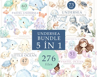 Undersea watercolor clipart Bundle, ocean animals PNG, Sea Life baby shower, Nursery decor, Commercial use