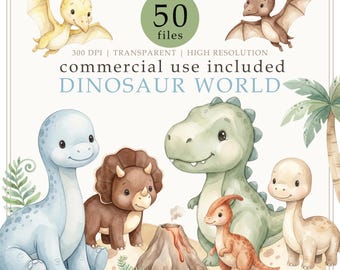 Watercolor Dinosaur clipart, T-rex PNG, dino birthday party, nursery decor, baby shower, COMMERCİAL USE
