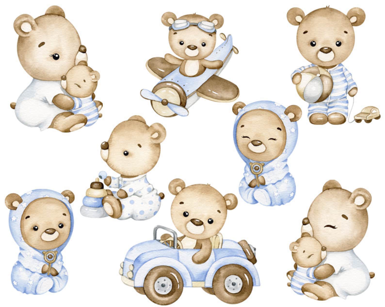 Teddy Bear Watercolor Clipart Baby Boy Clip Art Nursery - Etsy